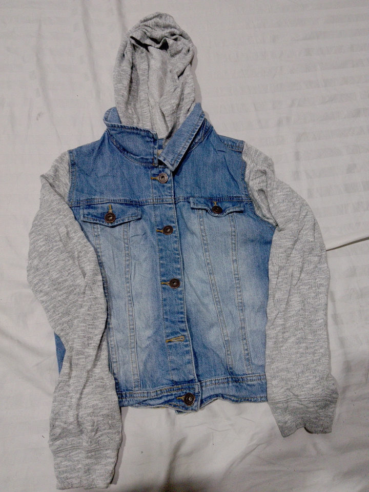Denim and Gray Hooded Jacket