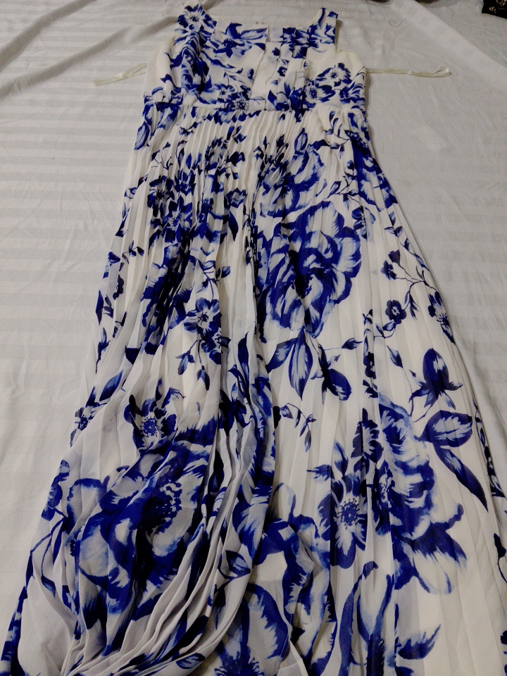 Robe plissée à fleurs bleues et blanches