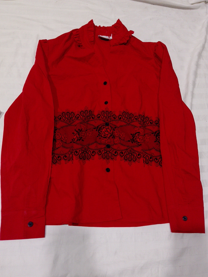 Women's Red Blouse with Black Floral Embroidery
