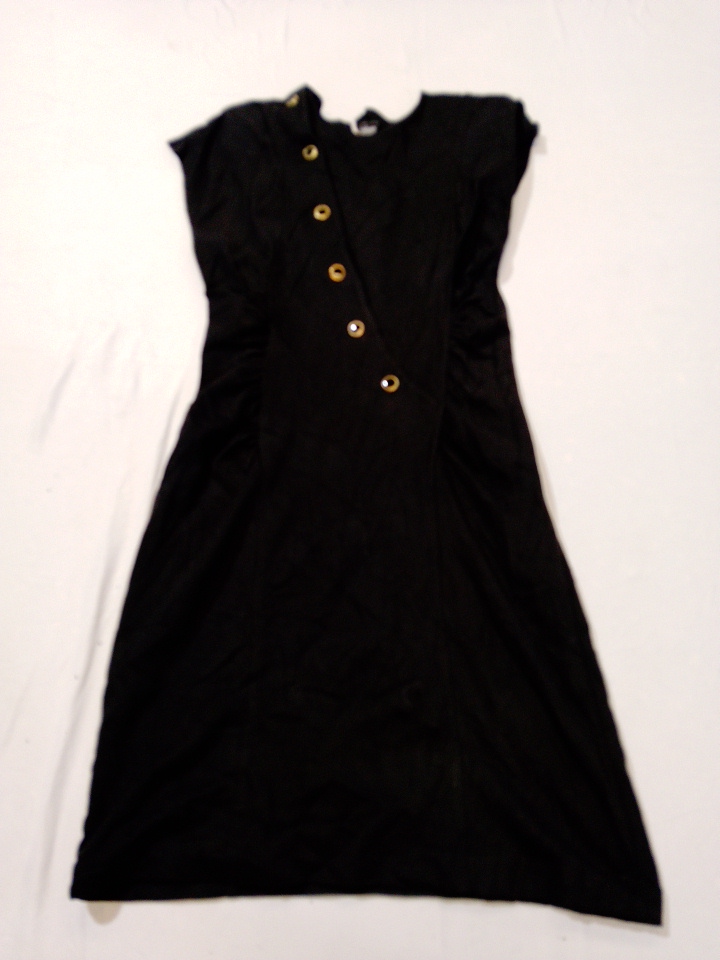 Vintage Black Sleeveless Mini Dress with Gold Butt..