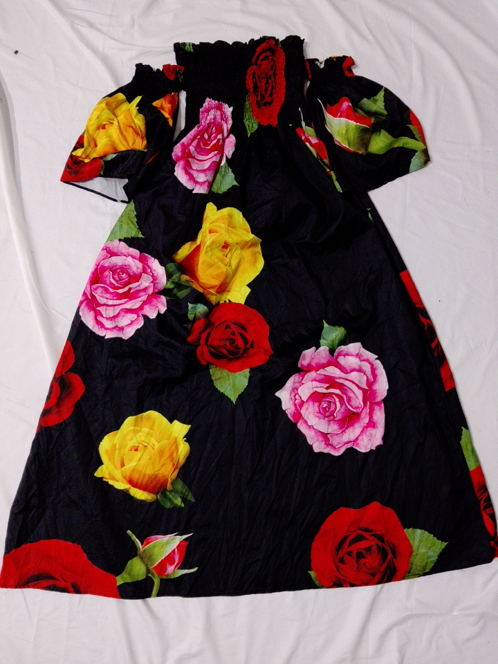 Black Off-Shoulder Maxi Dress with Vibrant Rose Fl..