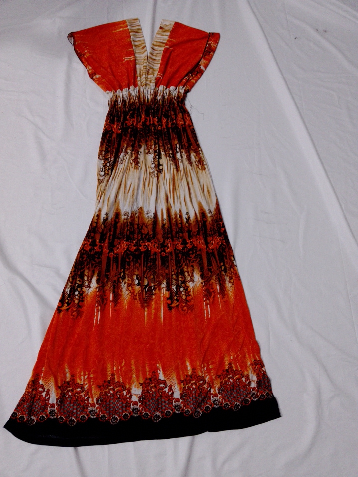 Flowy V-Neck Printed Maxi Dress in Orange and Brow..