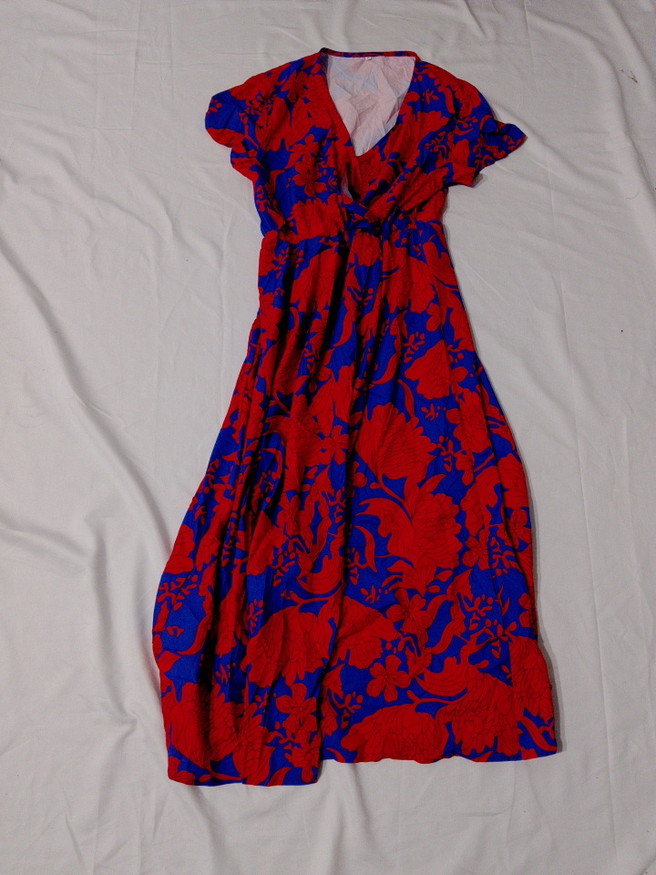 Red and Navy Blue Floral Wrap Midi Dress
