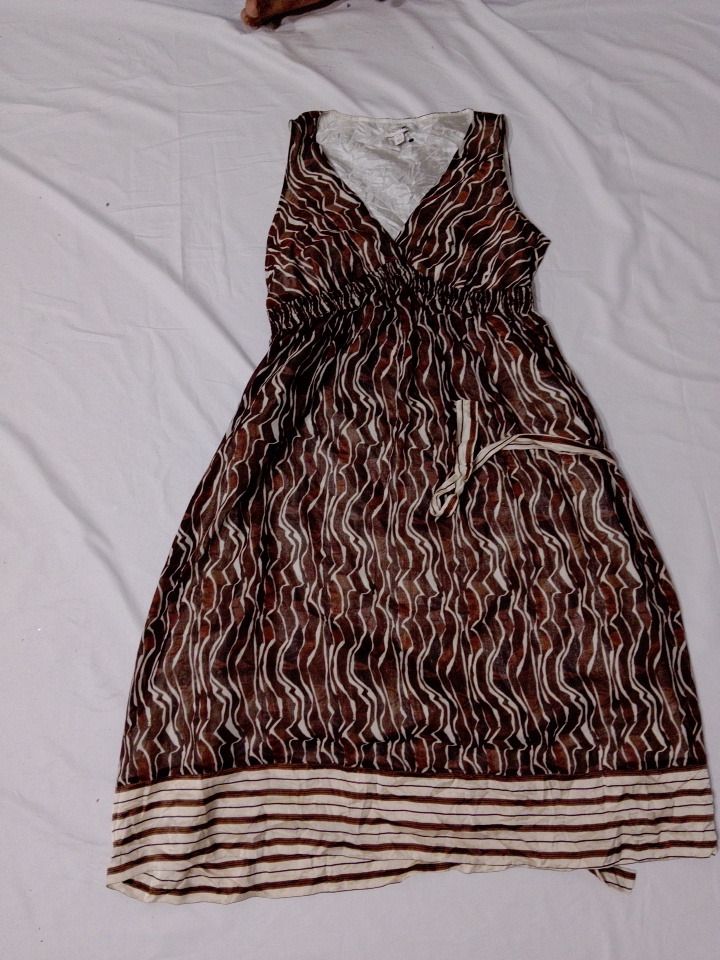 Sussan Brown Wavy Striped Sleeveless Wrap Maxi Dre..