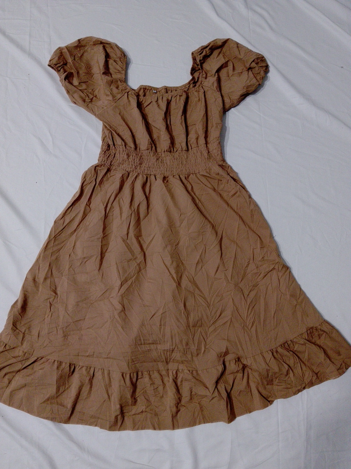 Brown Smocked Puff Sleeve Midi Dress