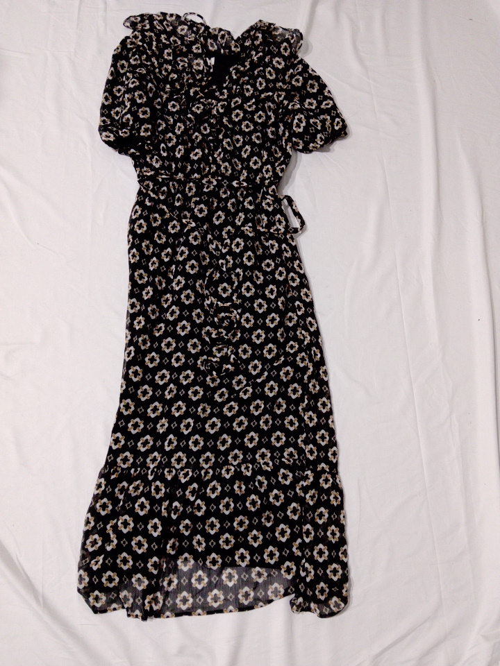 LOFT Black Floral Print Wrap Midi Dress with Ruffl..