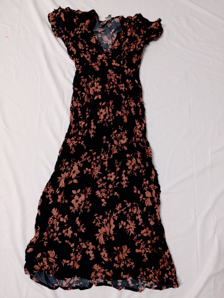 Black Floral Print Ruffle Sleeve Midi Dress Size S