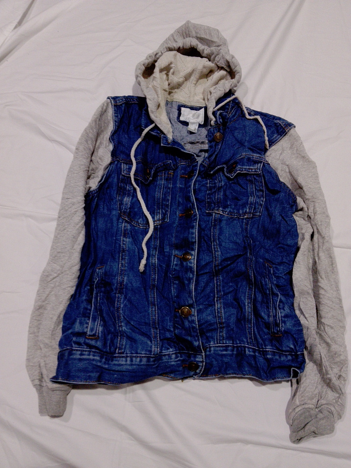 Blue Denim Jacket with Grey Hoodie Sleeves