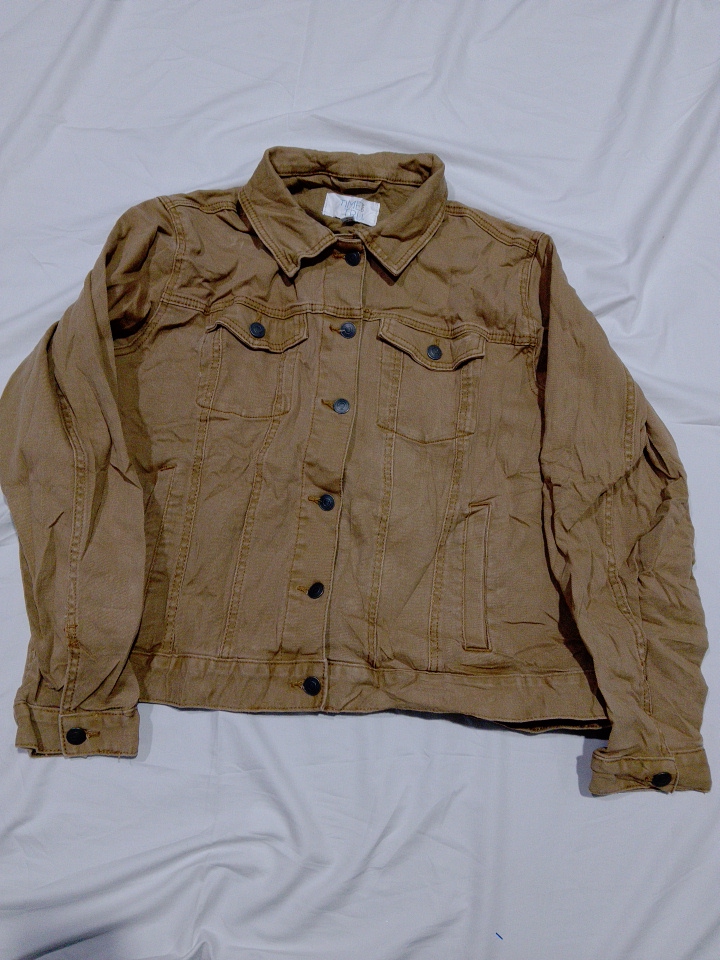 Time & True Khaki Denim Jacket with Fur Collar