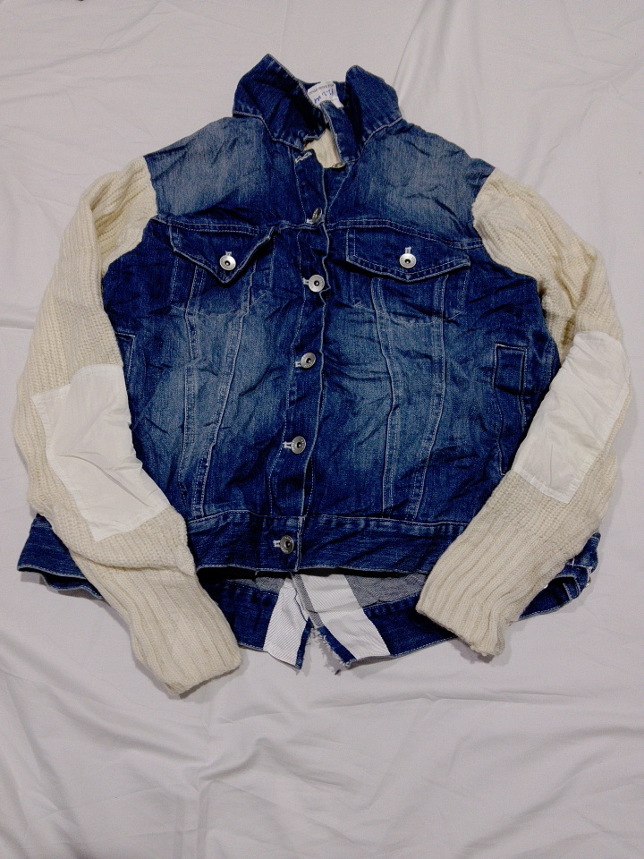 Guess Denim Jacket with Knit Sleeves and Elbow Pat..