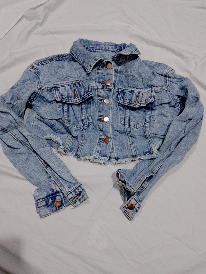 Cropped Denim Jacket with Fringe Hem and Long Slee..