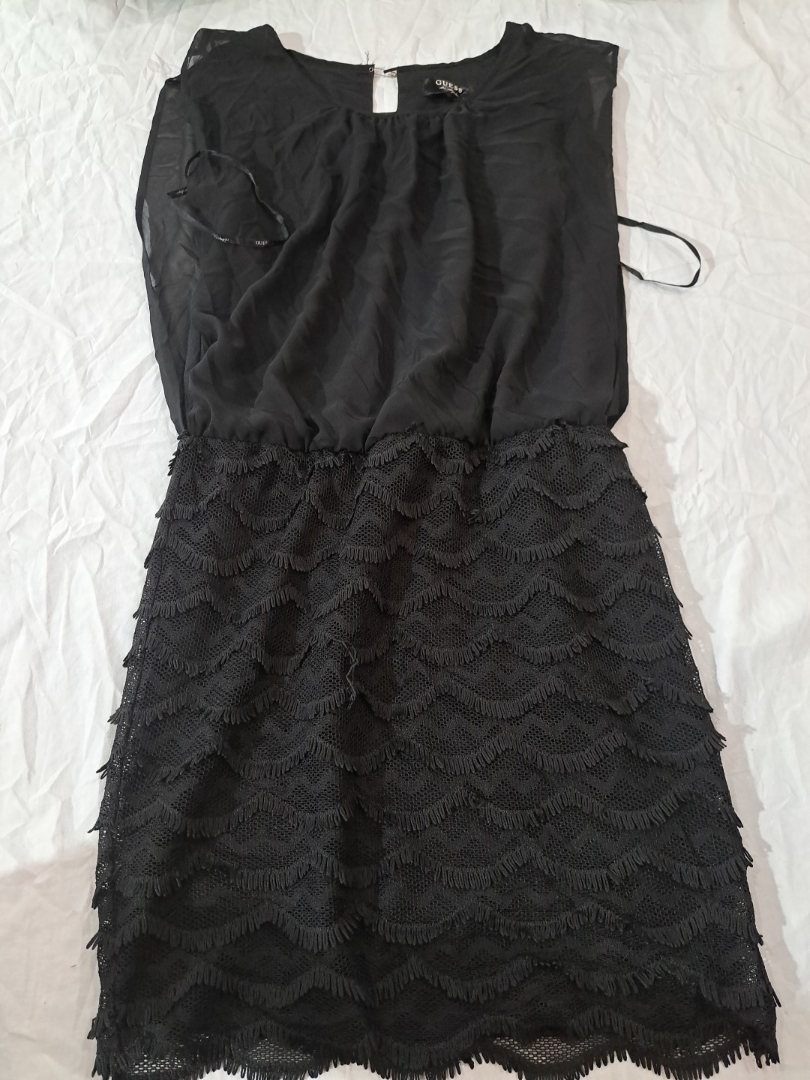 GUESS Black Sheer Chiffon Fringed Mini Dress