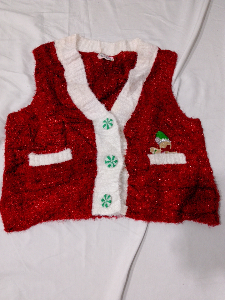 Festive Red Sequin Knit Christmas Vest with Elf Pa..