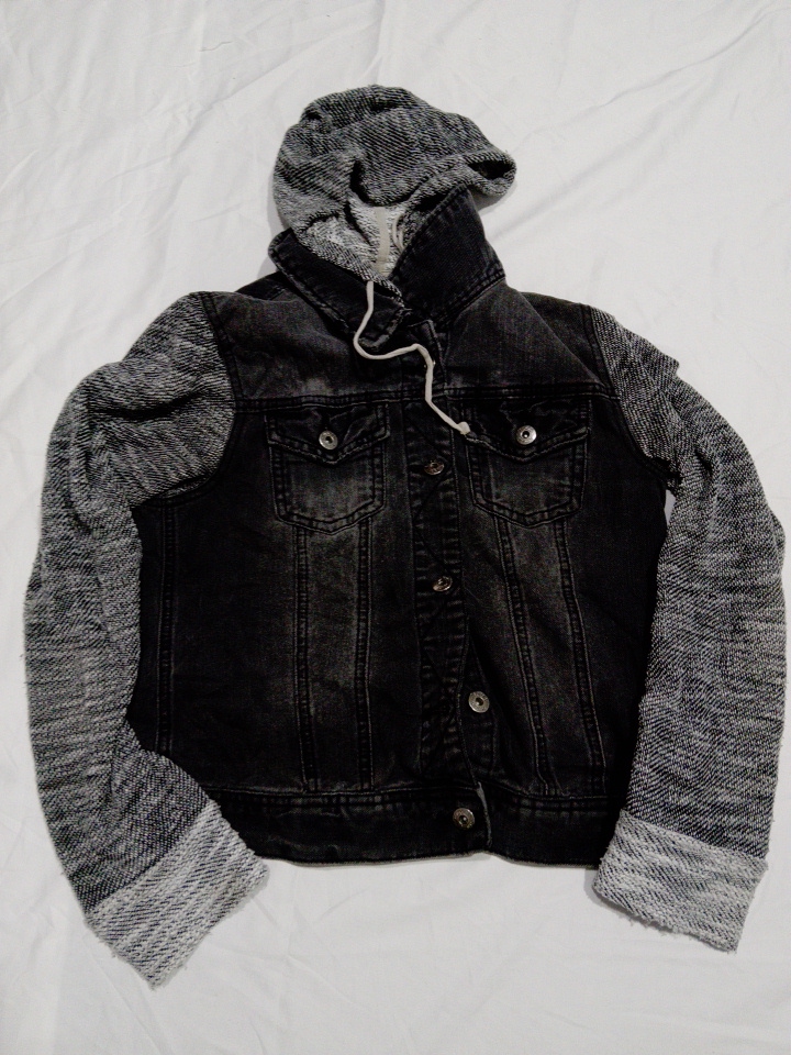 Mud Jeans Black Denim Hooded Jacket with Grey Knit..
