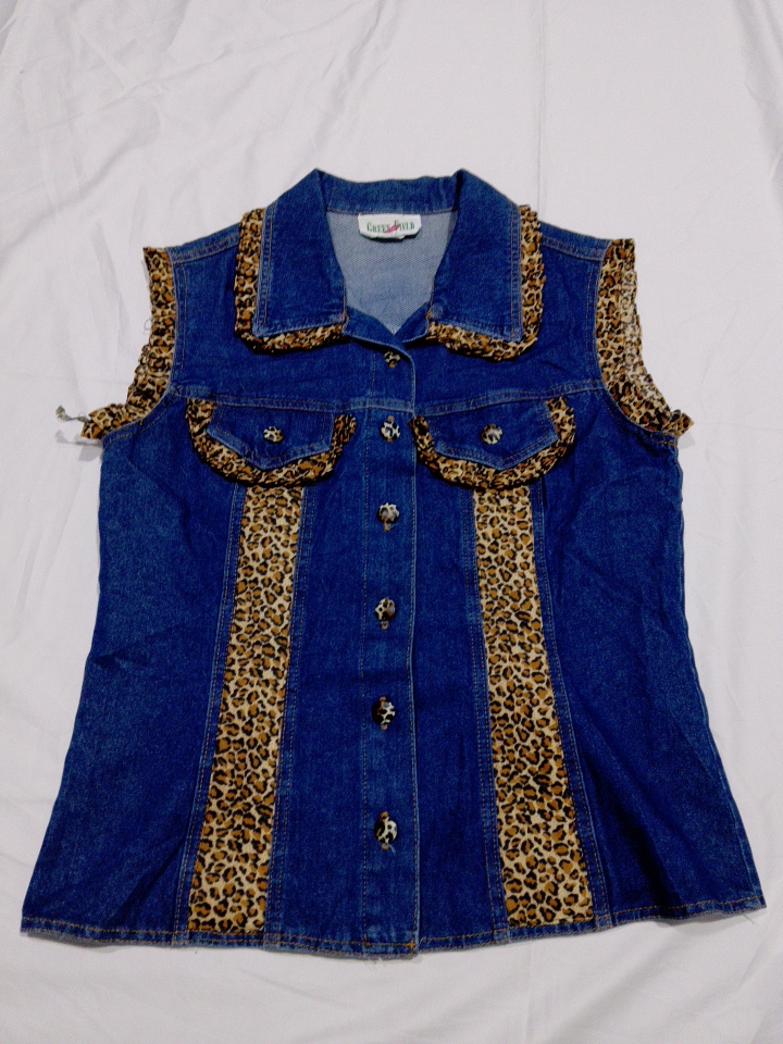 ヴィンテージグリーンフィールドノースリーブデニムシャツベストレオパードプリントトリム