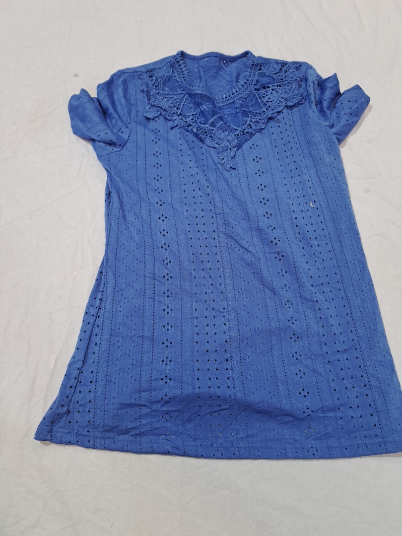 Blue Lace Trim Eyelet Blouse