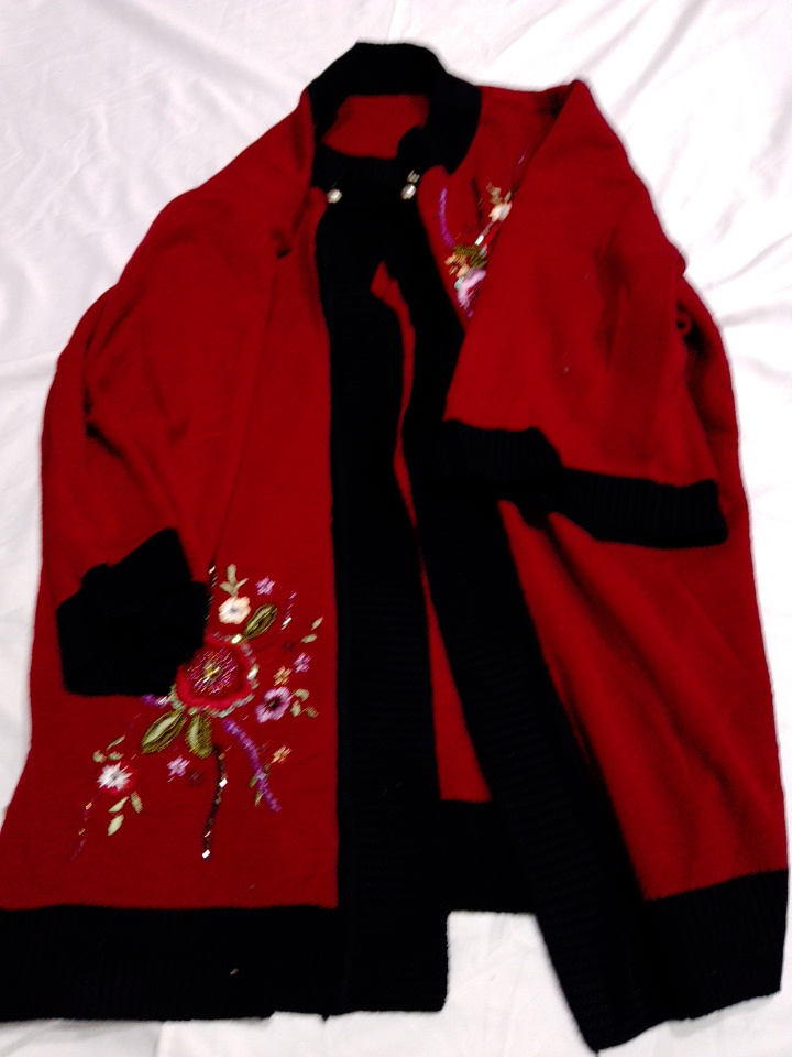 Red Embroidered Knit Cardigan