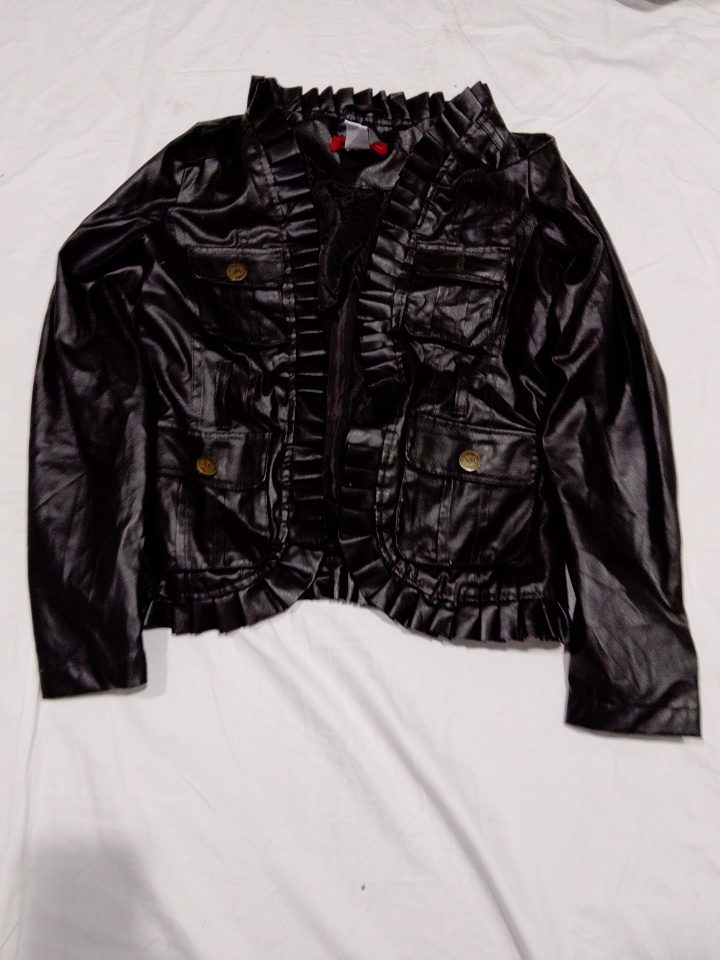 Vintage Premium Black Faux Leather Ruffled Jacket