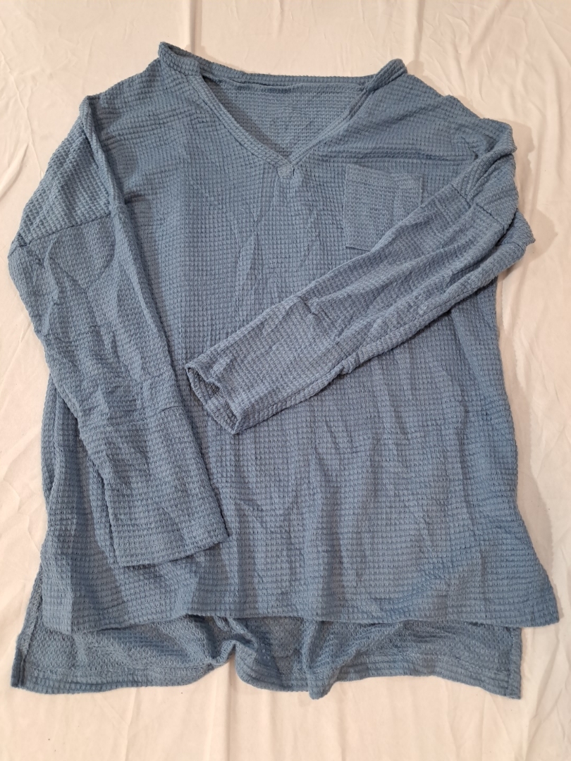 Top à col V en tricot waffle bleu sans marque