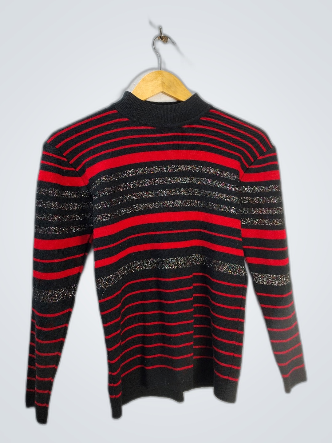 Red and Black Striped Glitter Knit Sweater