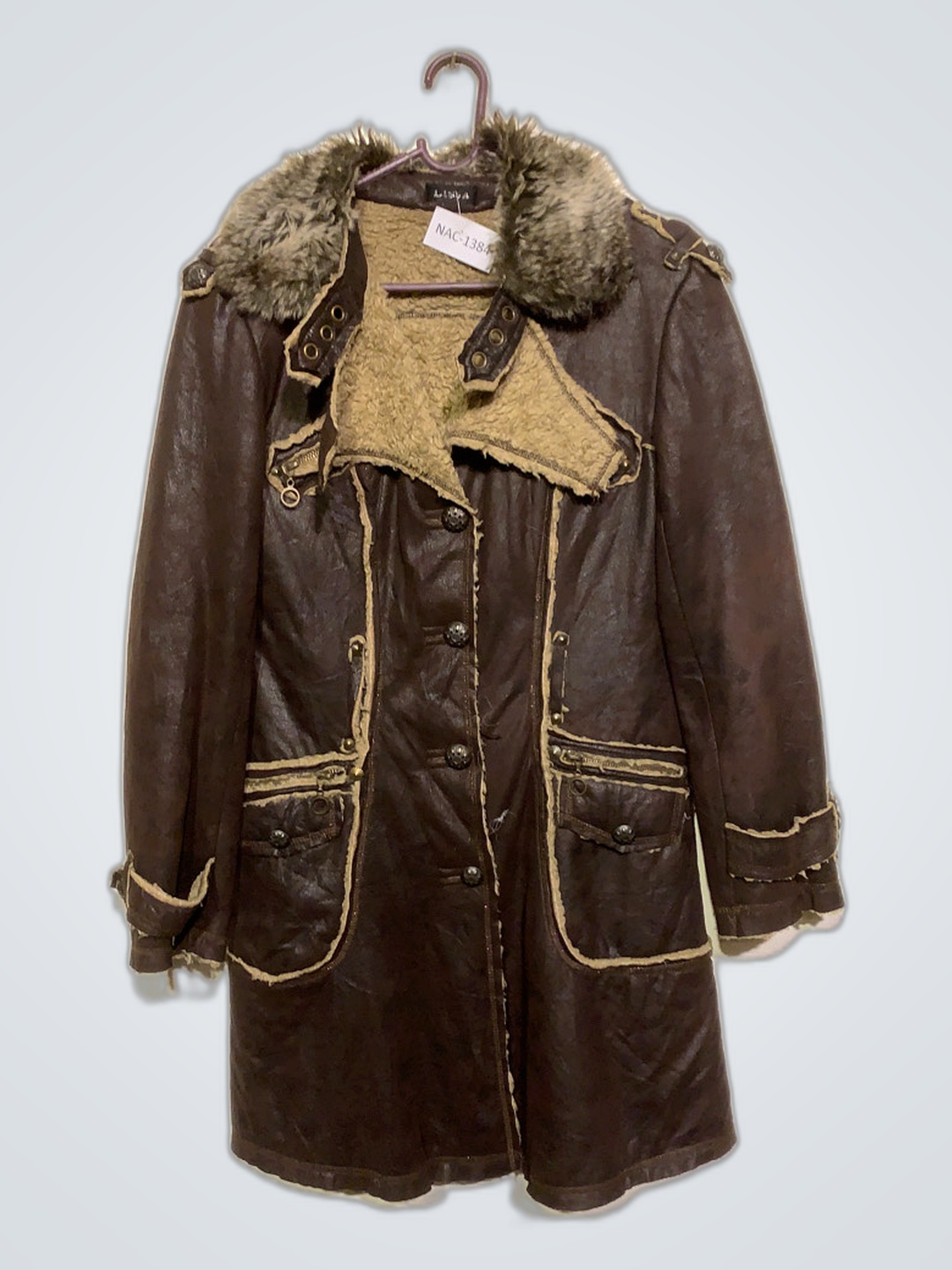 Brown Leather Coat with Fur Trim