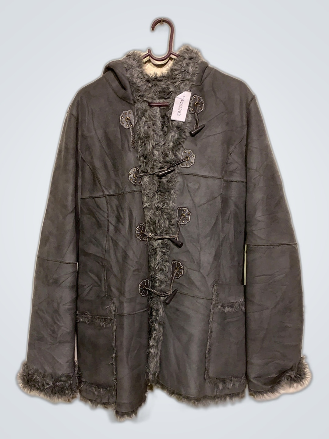 Gray Fur-Lined Hooded Coat