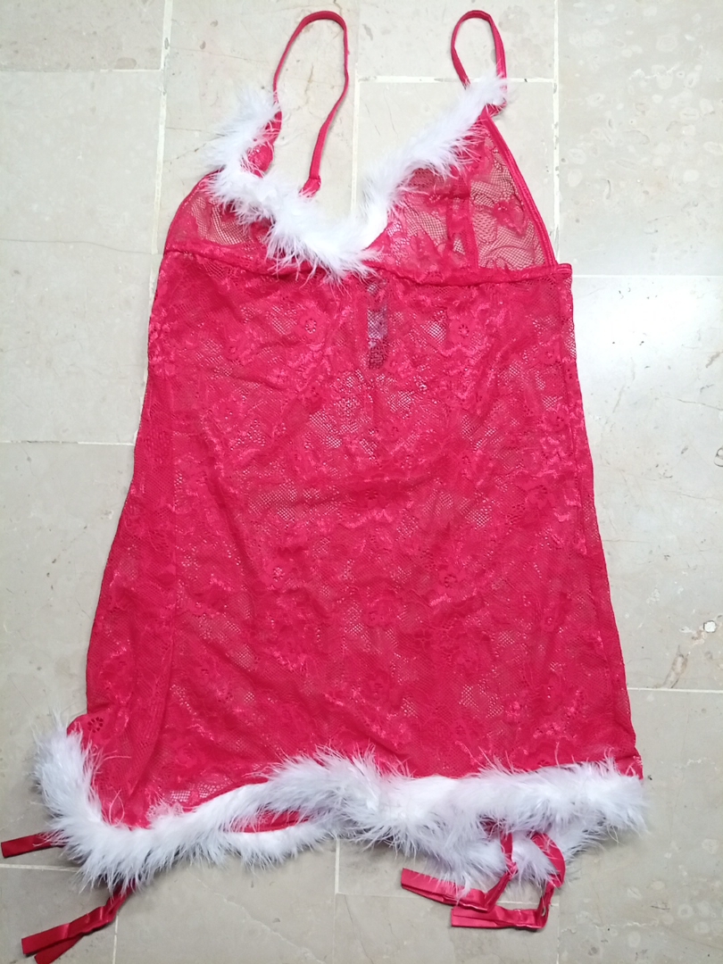 Red Lace Chemise with White Fur Trim