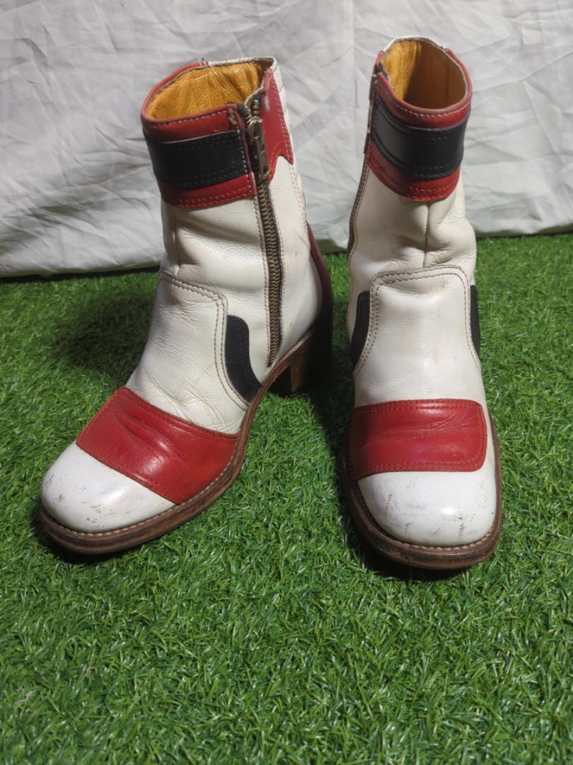 White Leather Ankle Boots with Red and Black Panel..