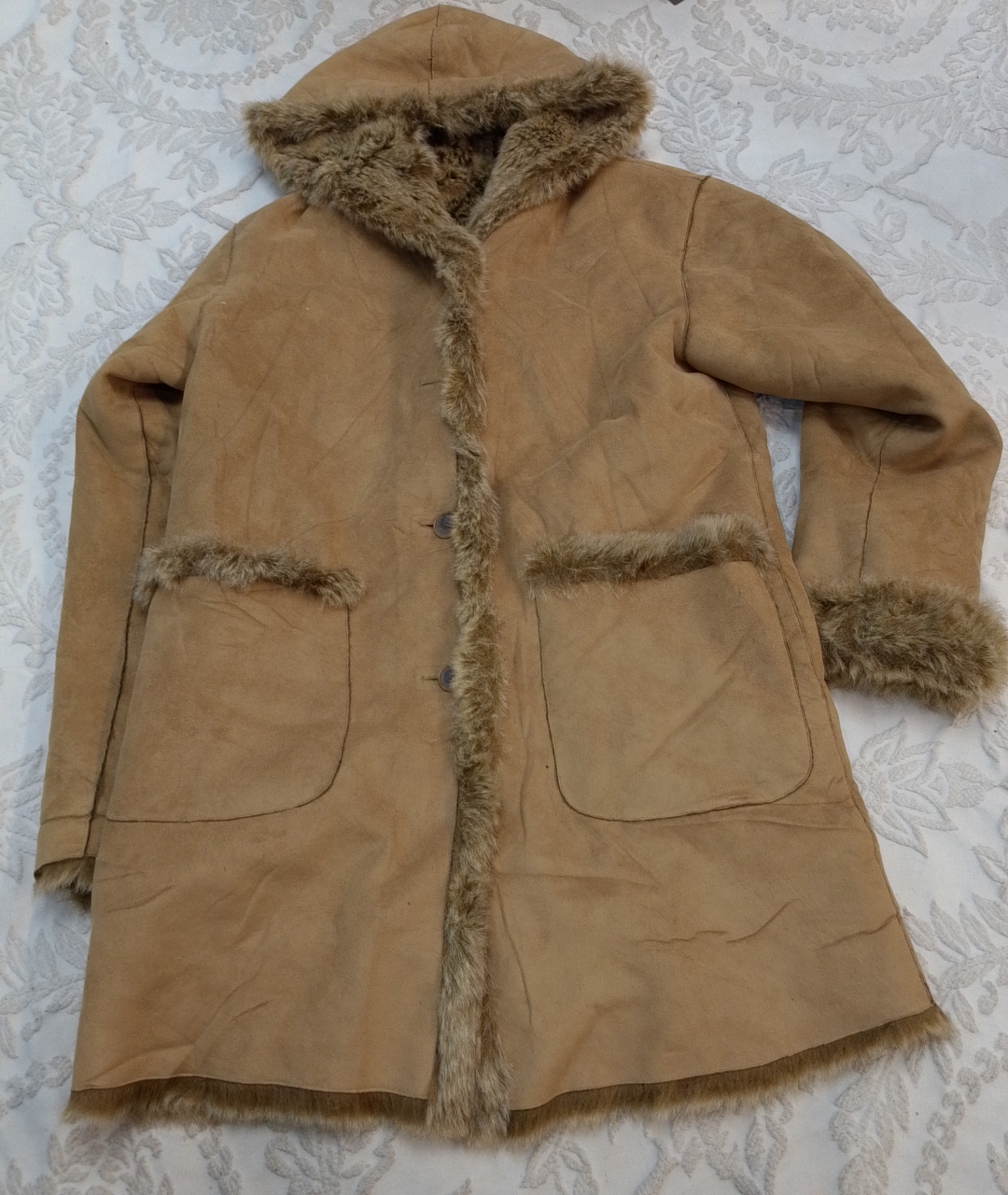 Cab Coat à capuche doublé de fourrure beige