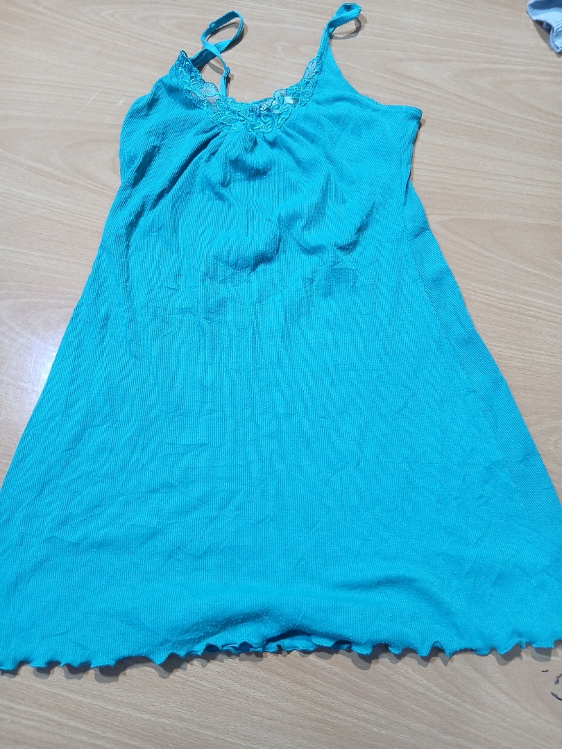 Turquoise Ribbed Cami Dress with Lace Trim