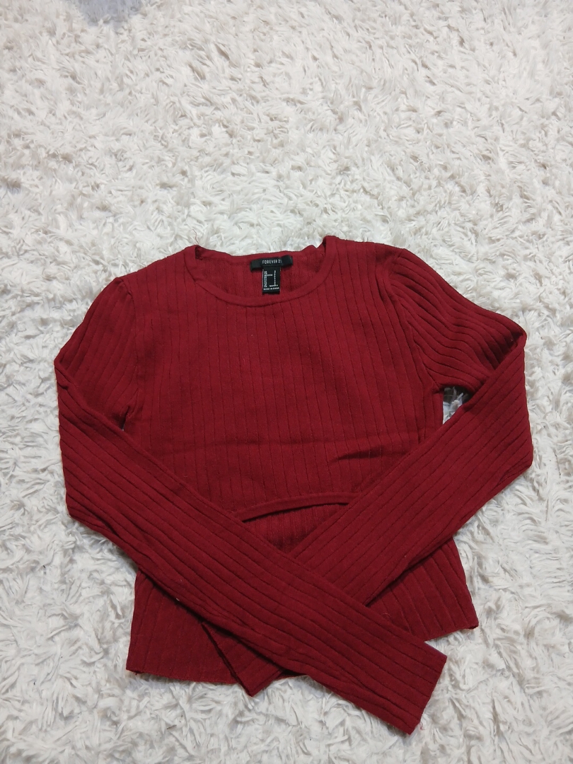 Forever 21 Red Ribbed Knit Long Sleeve Top