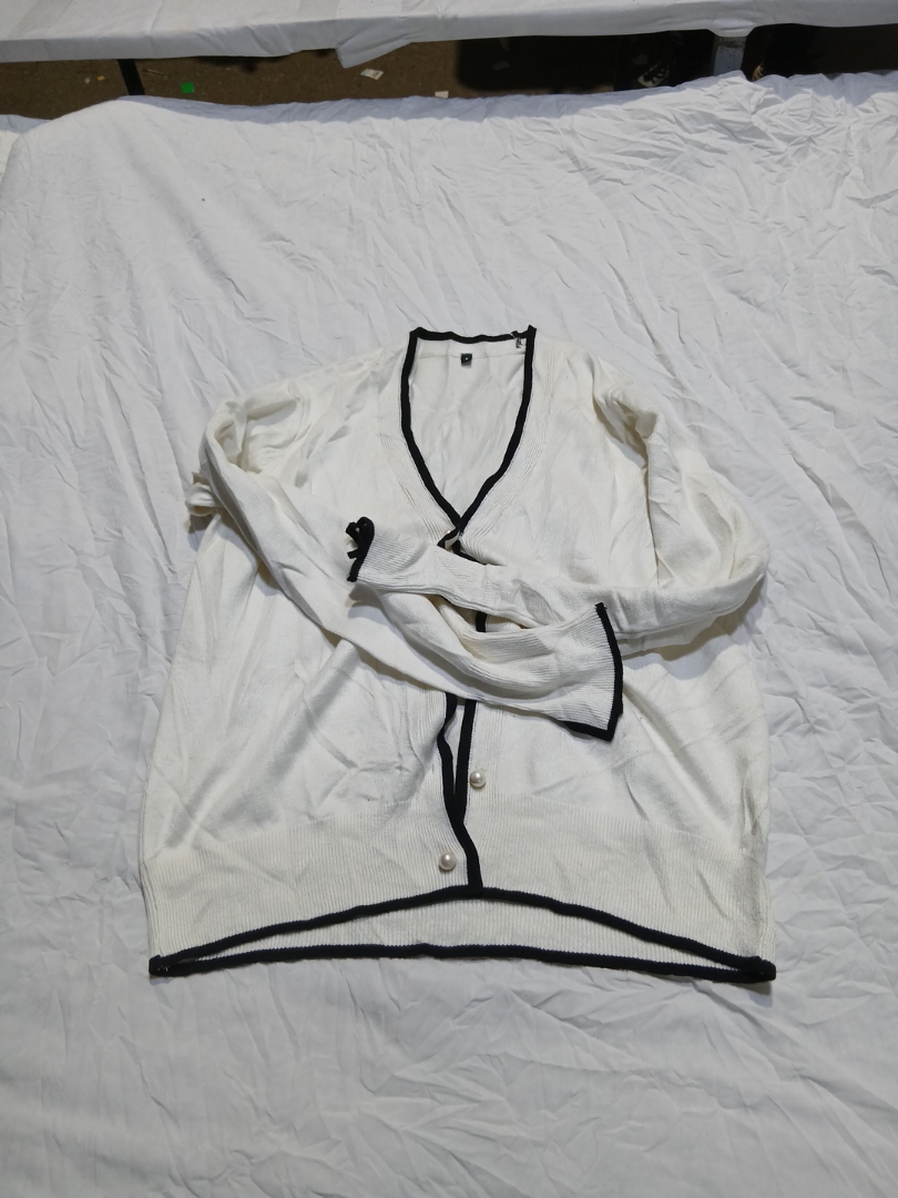 White Knit Cardigan with Black Trim