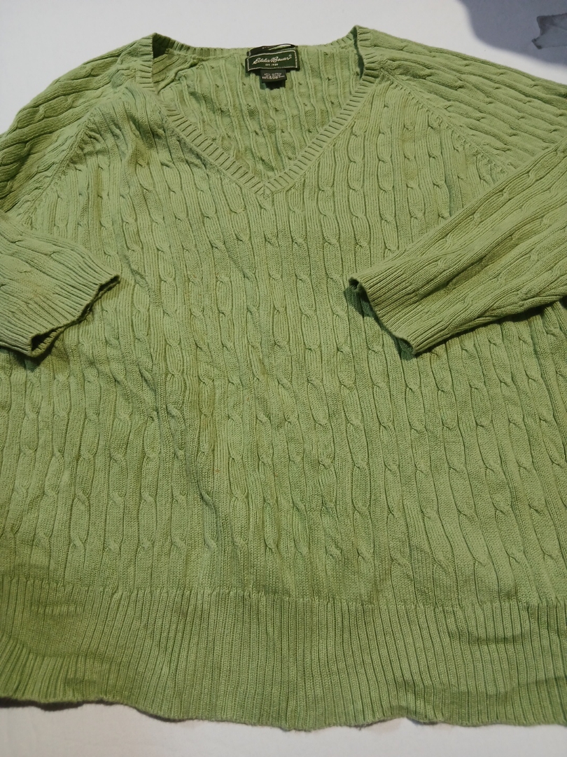 Eddie Bauer Green Cable Knit V-Neck Sweater