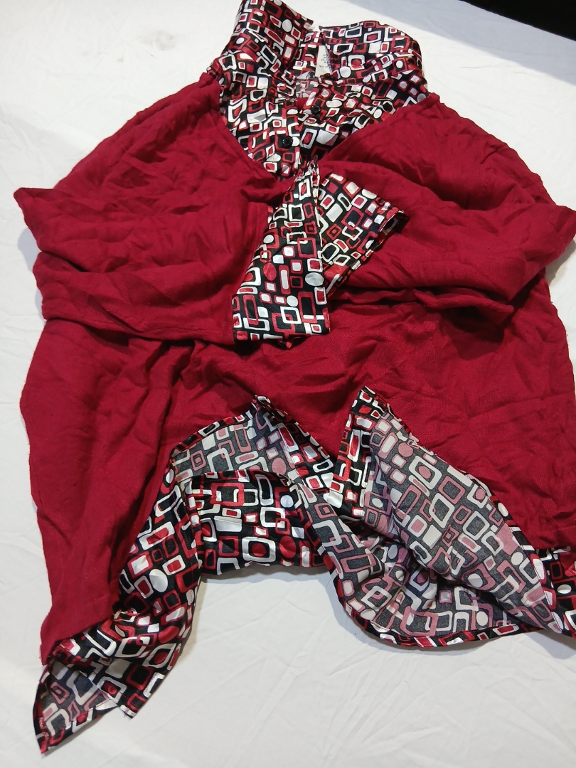 Red Blouse with Geometric Print Collar and Cuffs