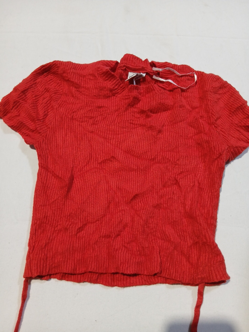Red Ribbed Knit Top with Tie Detail