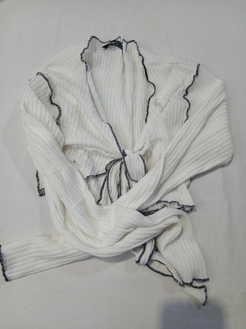 White Tie Front Cardigan with Black Trim