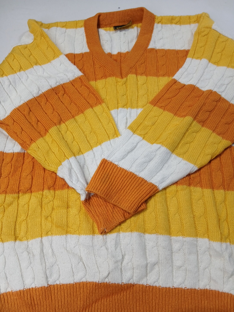 Striped Cable Knit V-Neck Sweater