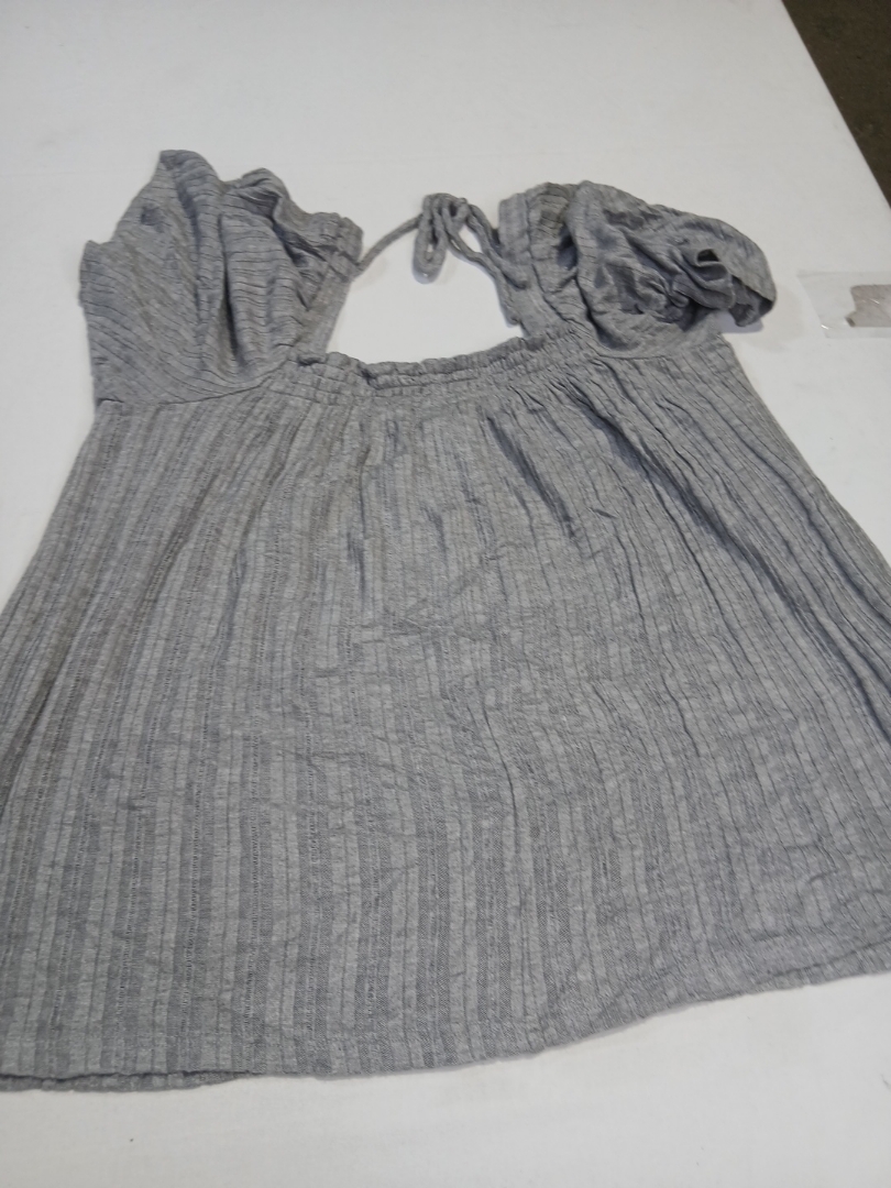 Gray Ribbed Knit Top with Puff Sleeves