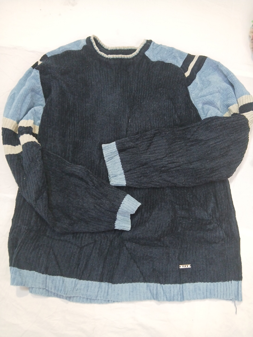 Blue Corduroy Color Block Crewneck Sweater