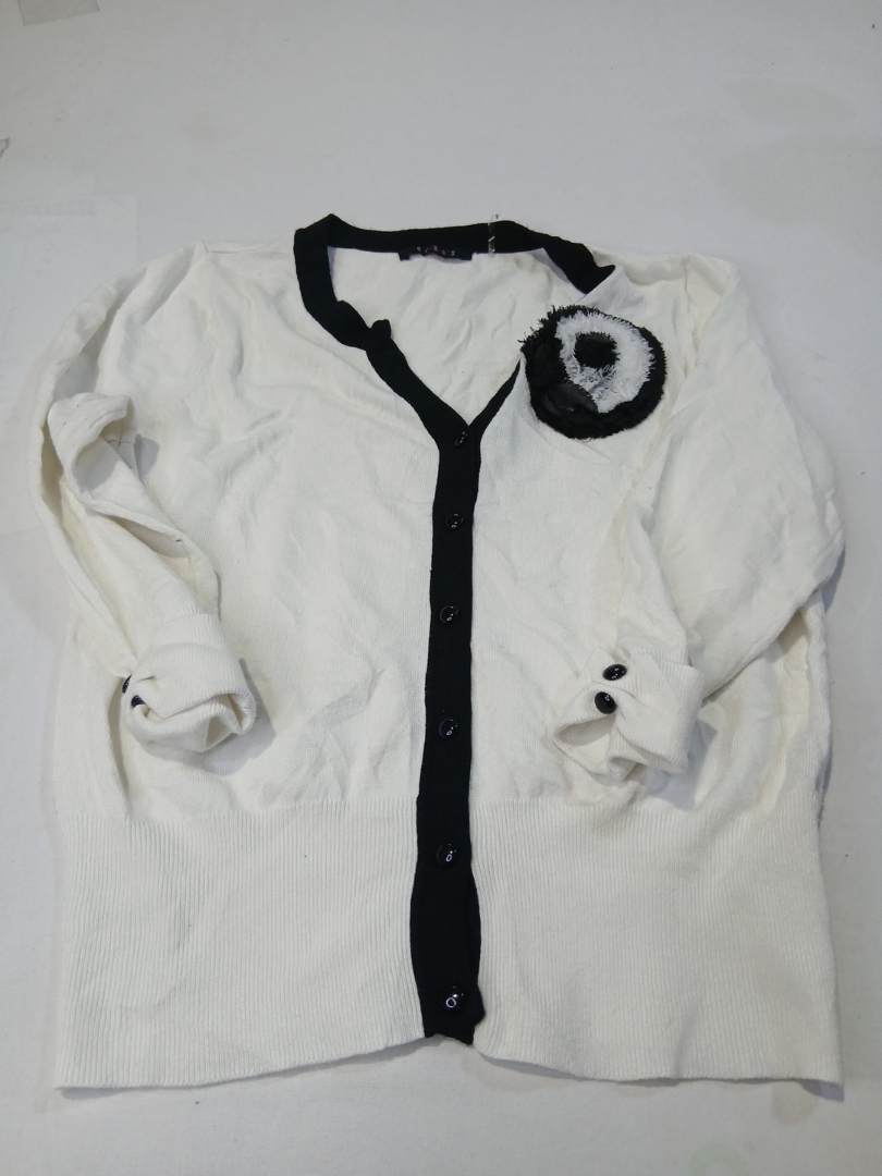 White and Black Button-Down Cardigan with Applique