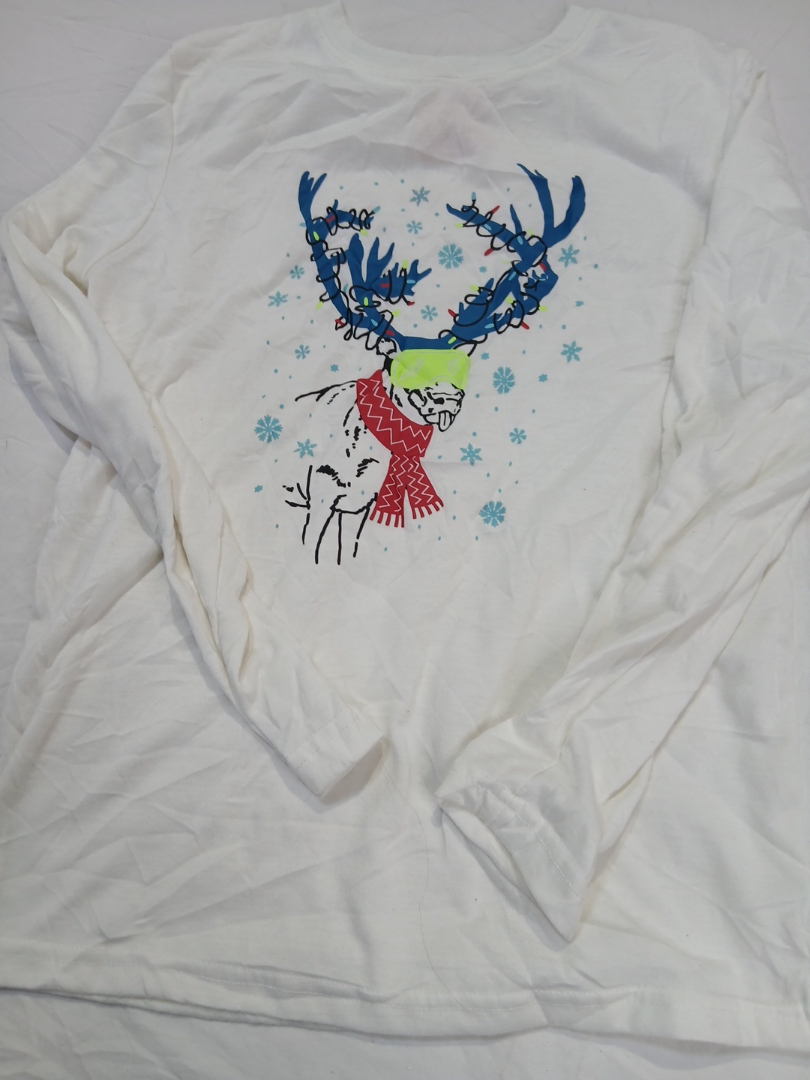 White Long Sleeve T-shirt with Reindeer Graphic