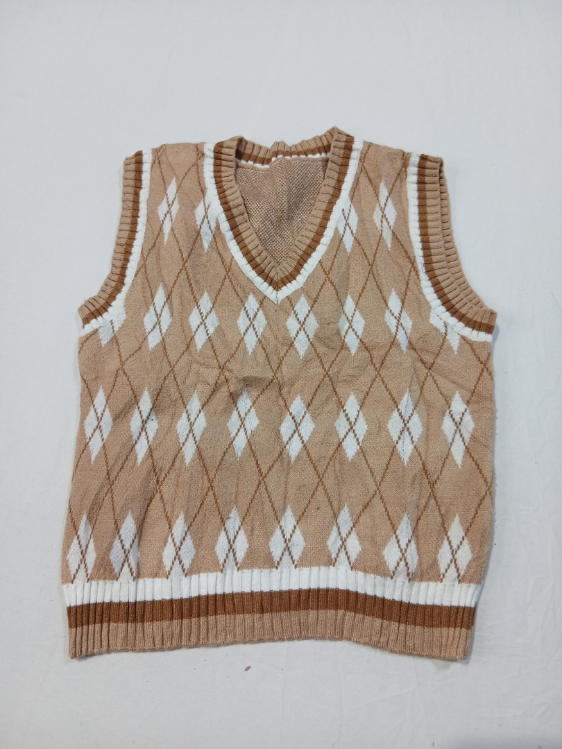 Gilet in Maglia Vintage Argyle Beig e Bianco