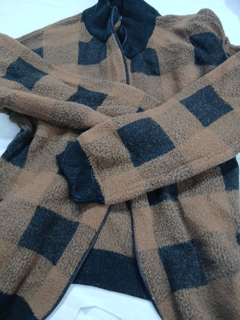 Brown and Black Plaid Fleece Zip-Up Jacket