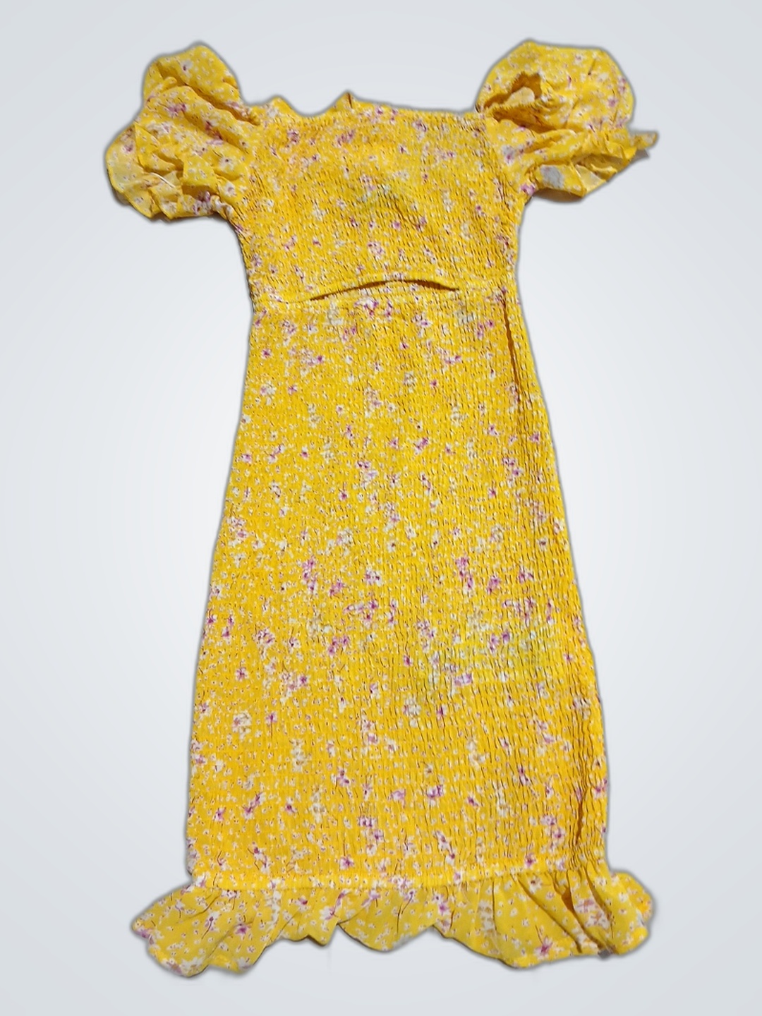 Abito a fiori giallo arricciato