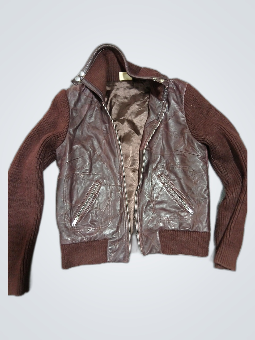 Brown Leather Knit Sleeve Jacket