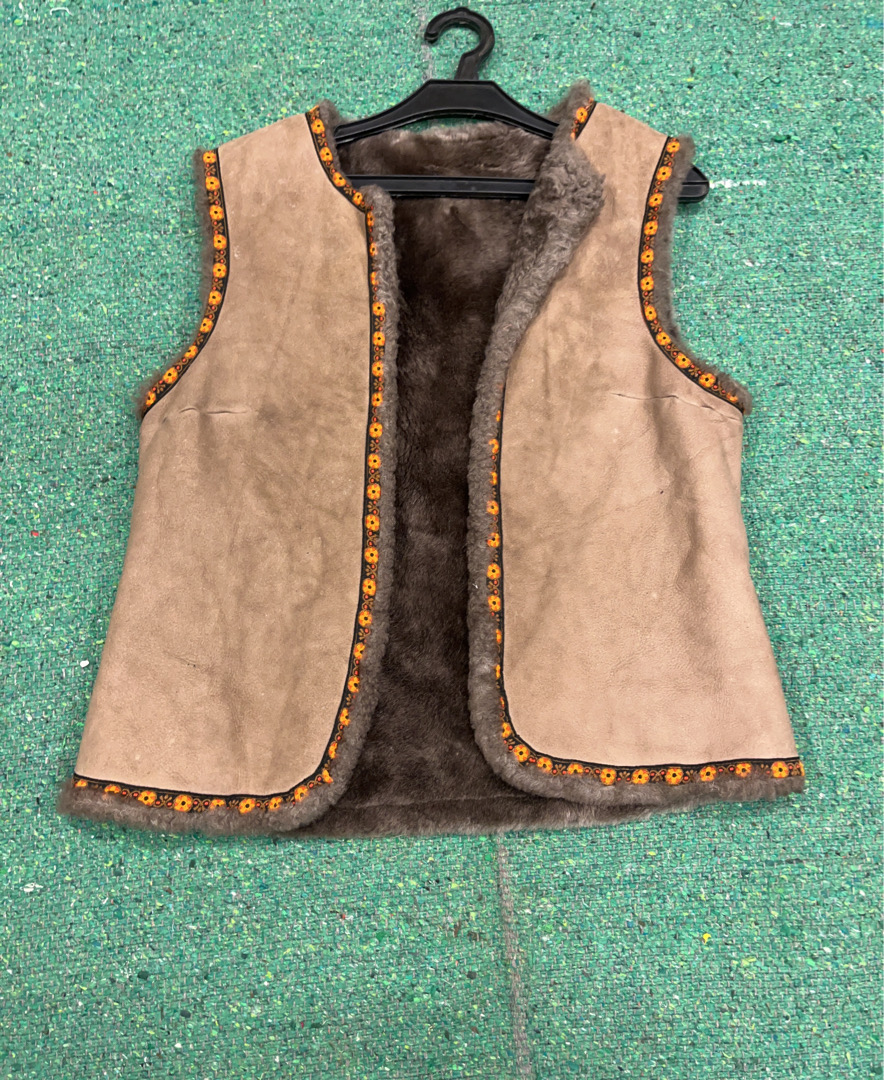 Fur-Lined Suede Vest with Floral Trim