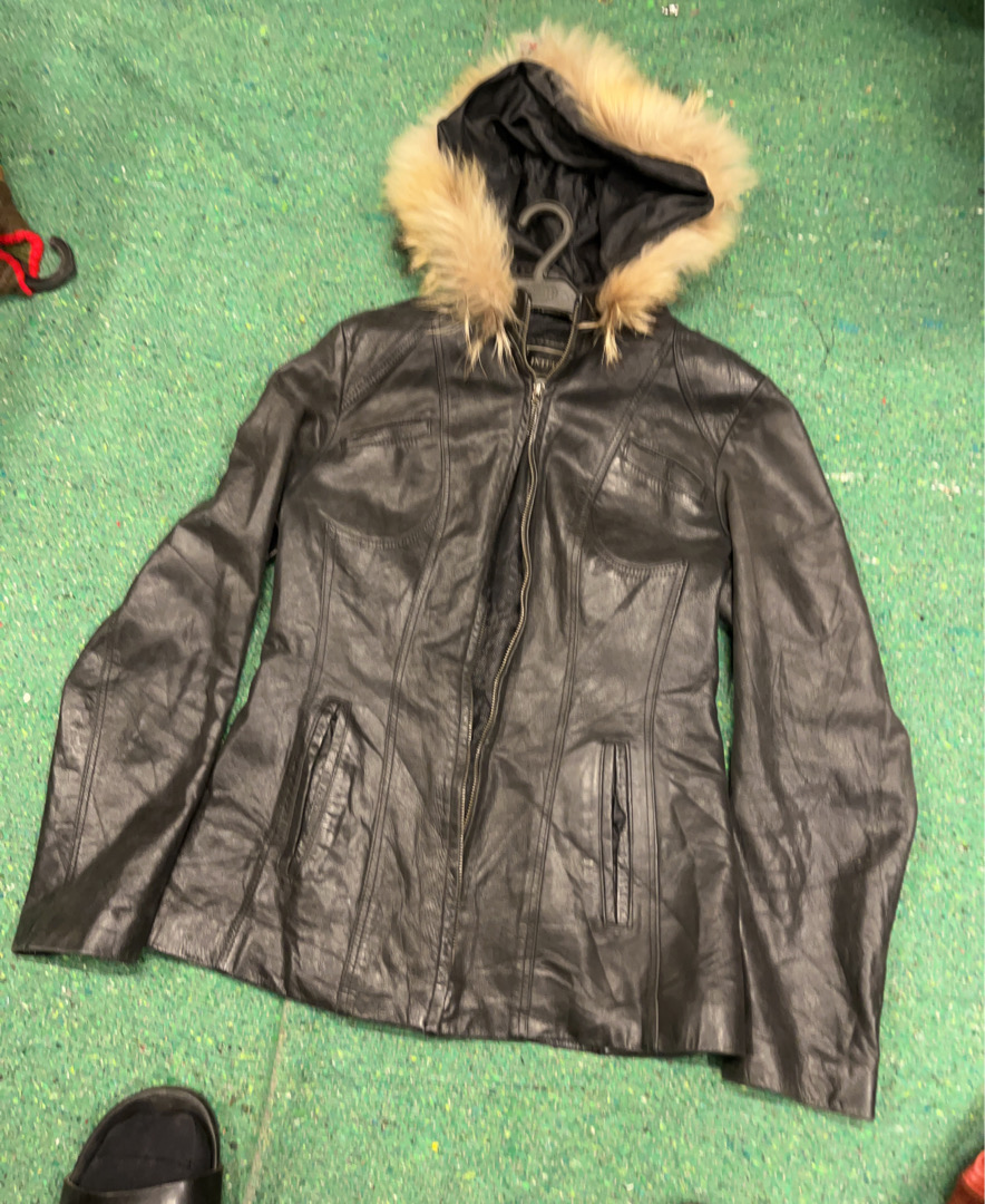 Black Leather Jacket with Fur Hood