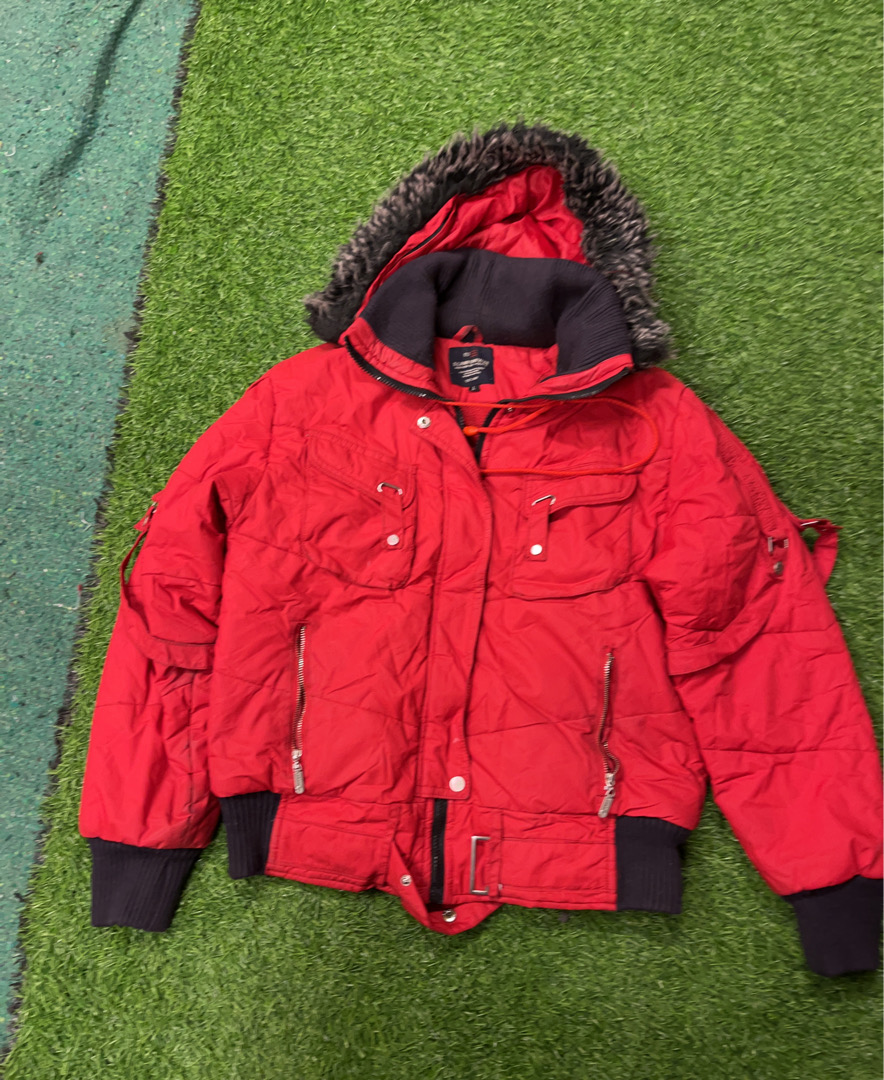 Red Puffer Jacket with Fur-Lined Hood