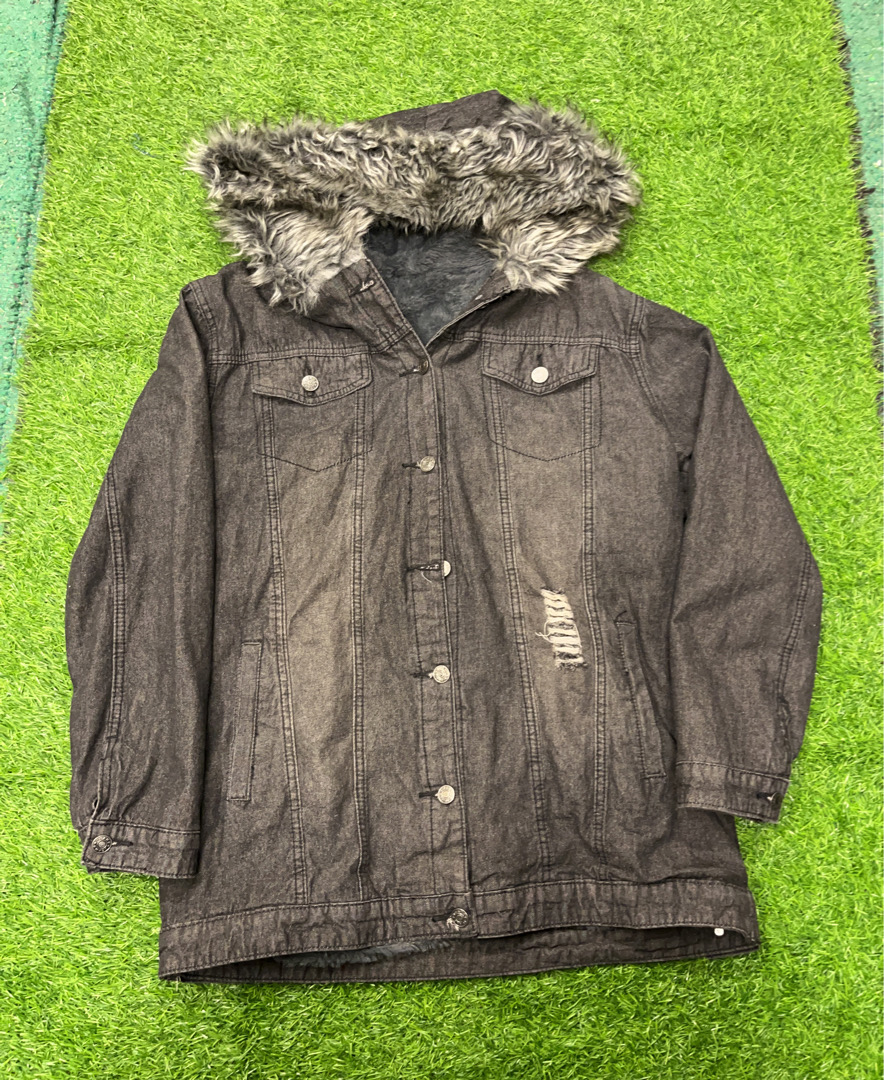 Gray Denim Jacket with Fur-Lined Hood