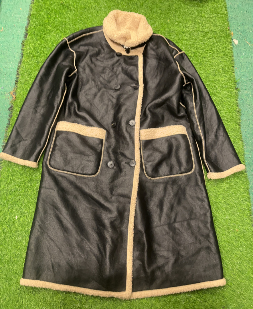 Black Leather Coat with Beige Fur Trim